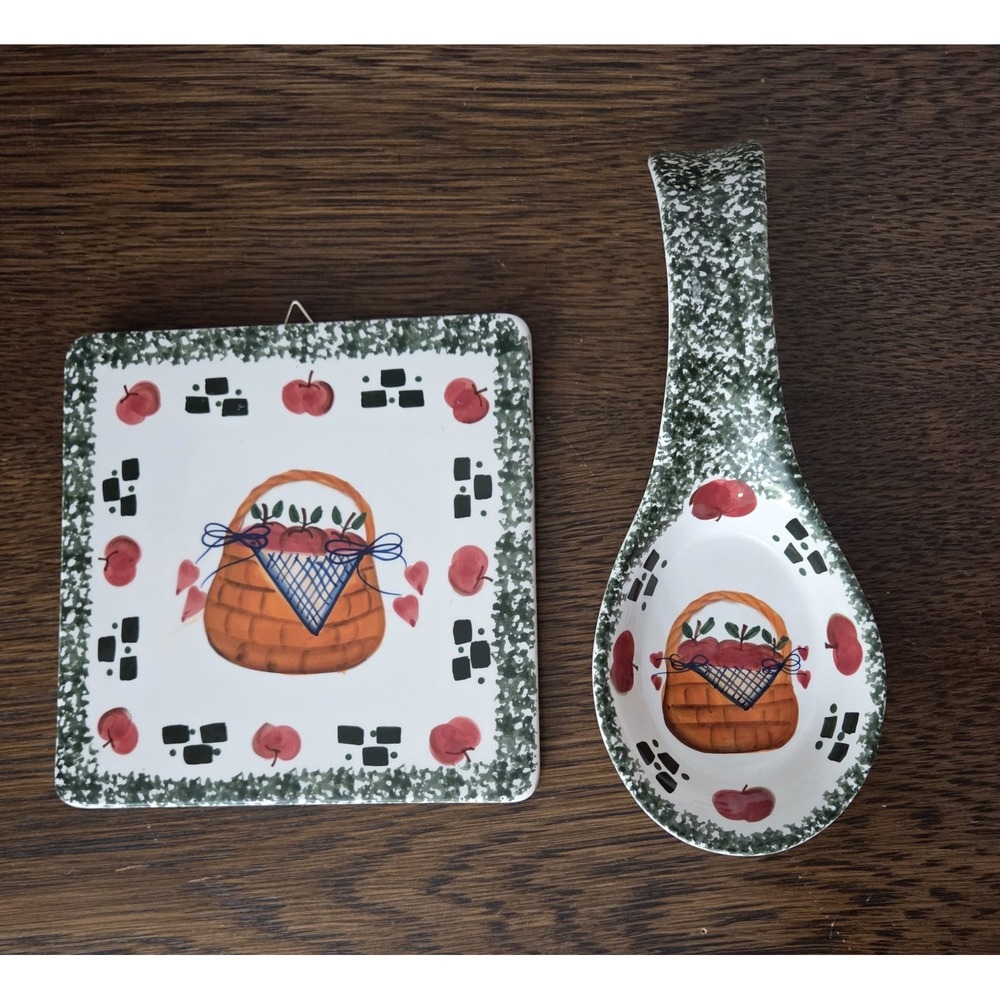 Vintage Crazy Mountain Ceramic Tile Trivet & Spoon Rest Set Basket of‎ Apples